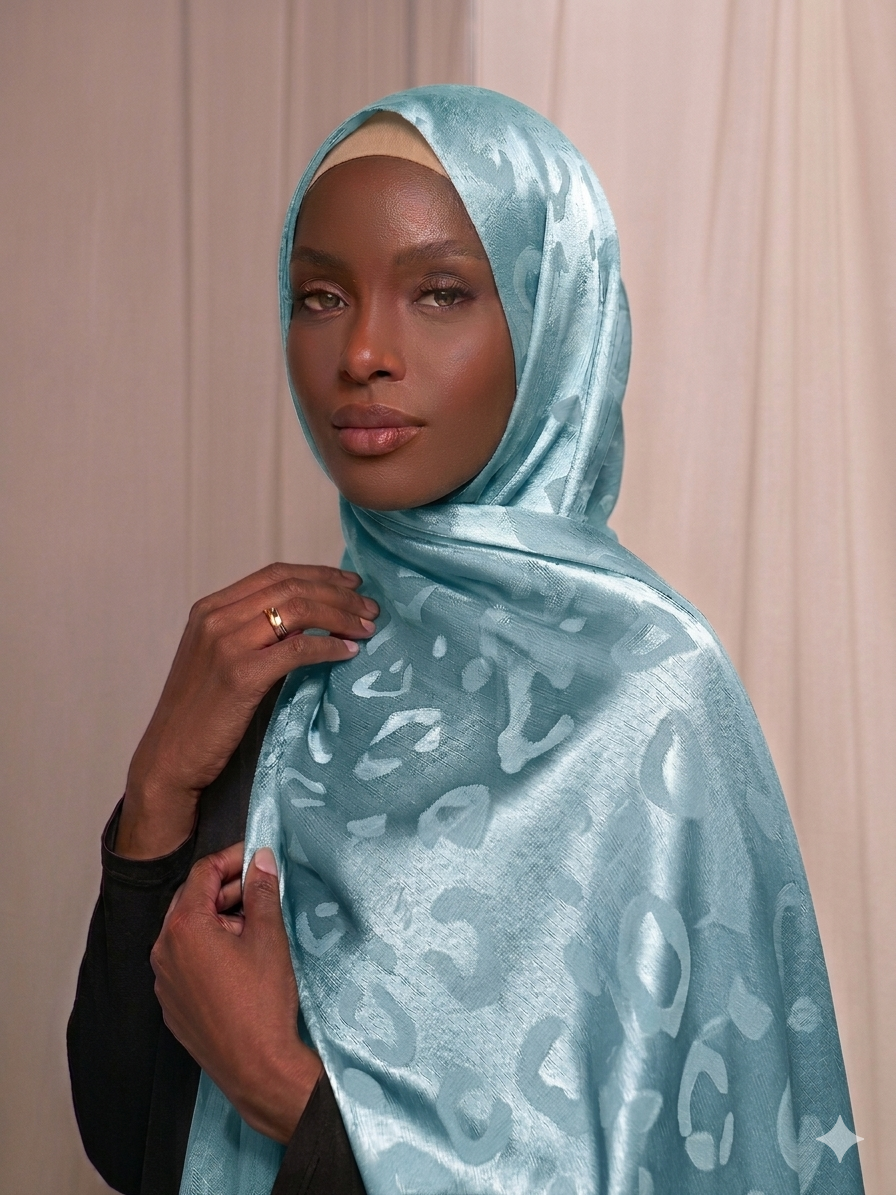 Hijab satinado Jacquard leopardo color azul cielo elegante efecto seda 