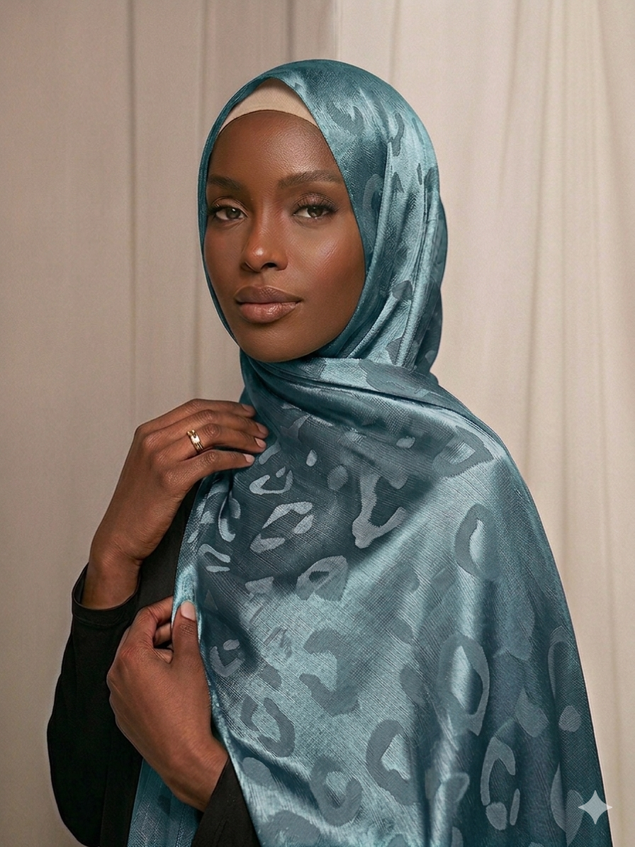 Hijab satinado Jacquard leopardo color azul grisaceo clásico elegante efecto seda 