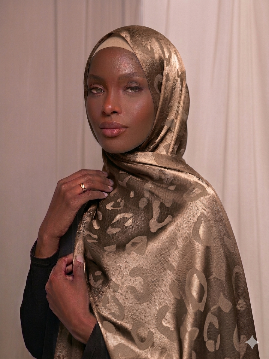 Hijab satinado Jacquard leopardo color bronce gold  elegante efecto seda 