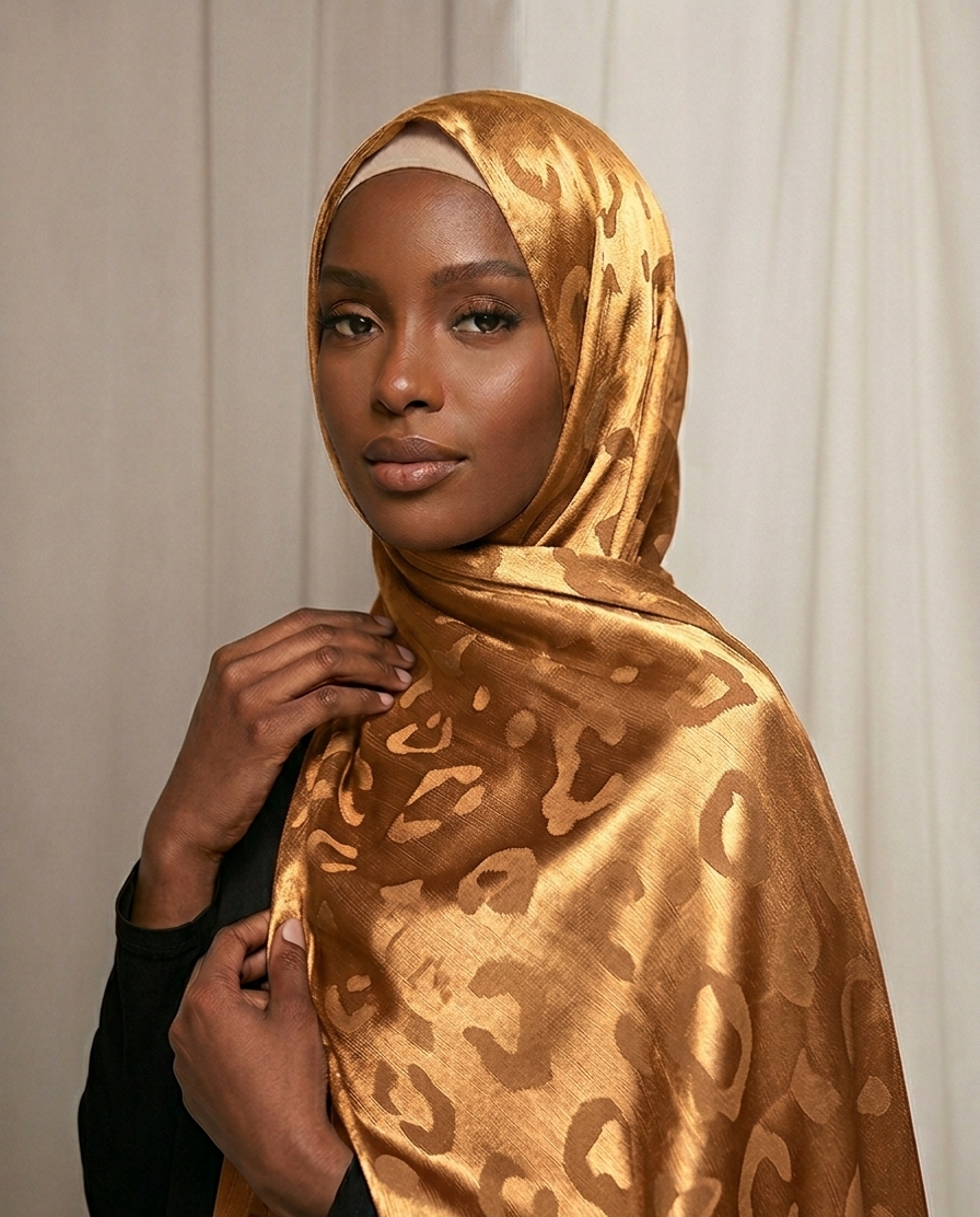 Hijab satinado Jacquard leopardo color dorado elegante efecto seda 