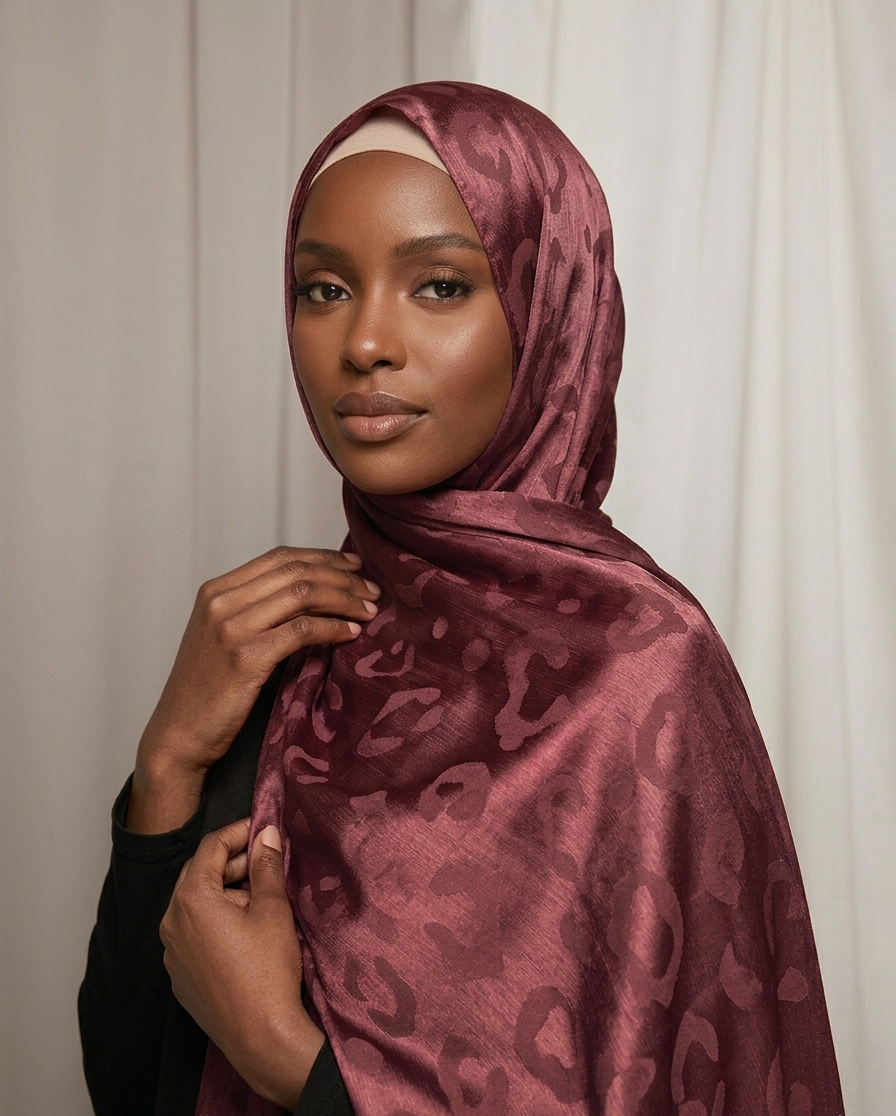 Hijab satinado Jacquard leopardo color granate elegante efecto seda 