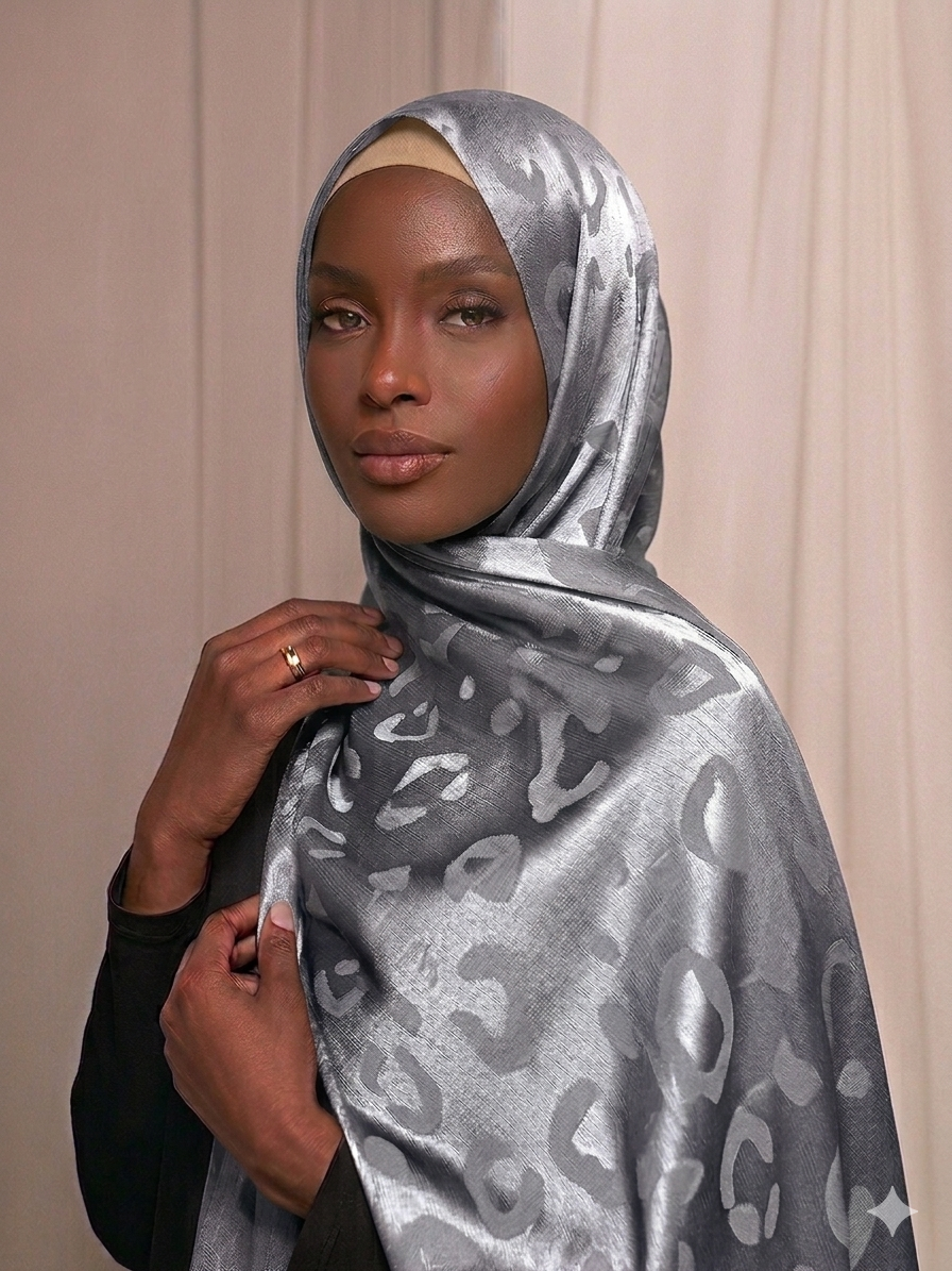 Hijab satinado Jacquard leopardo color gris elegante efecto seda 