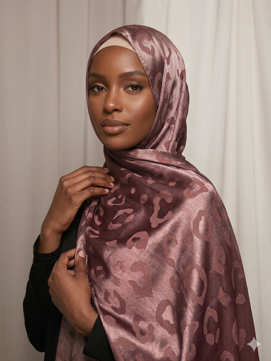 Hijab satinado Jacquard leopardo color lila elegante efecto seda 