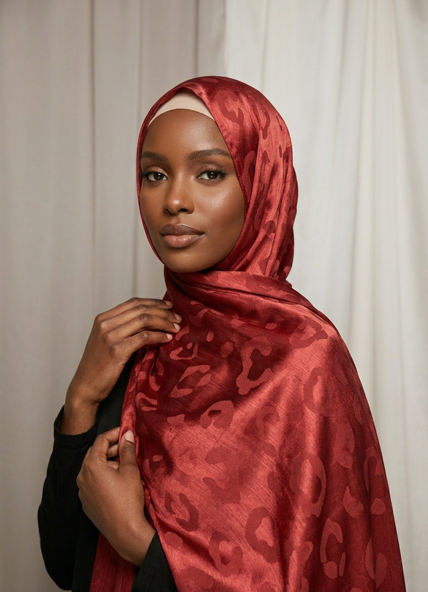 Hijab satinado Jacquard leopardo color rojo elegante efecto seda 