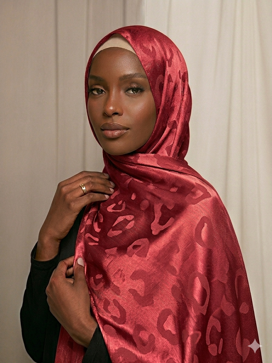 Hijab satinado Jacquard leopardo color rojo clásico elegante efecto seda 