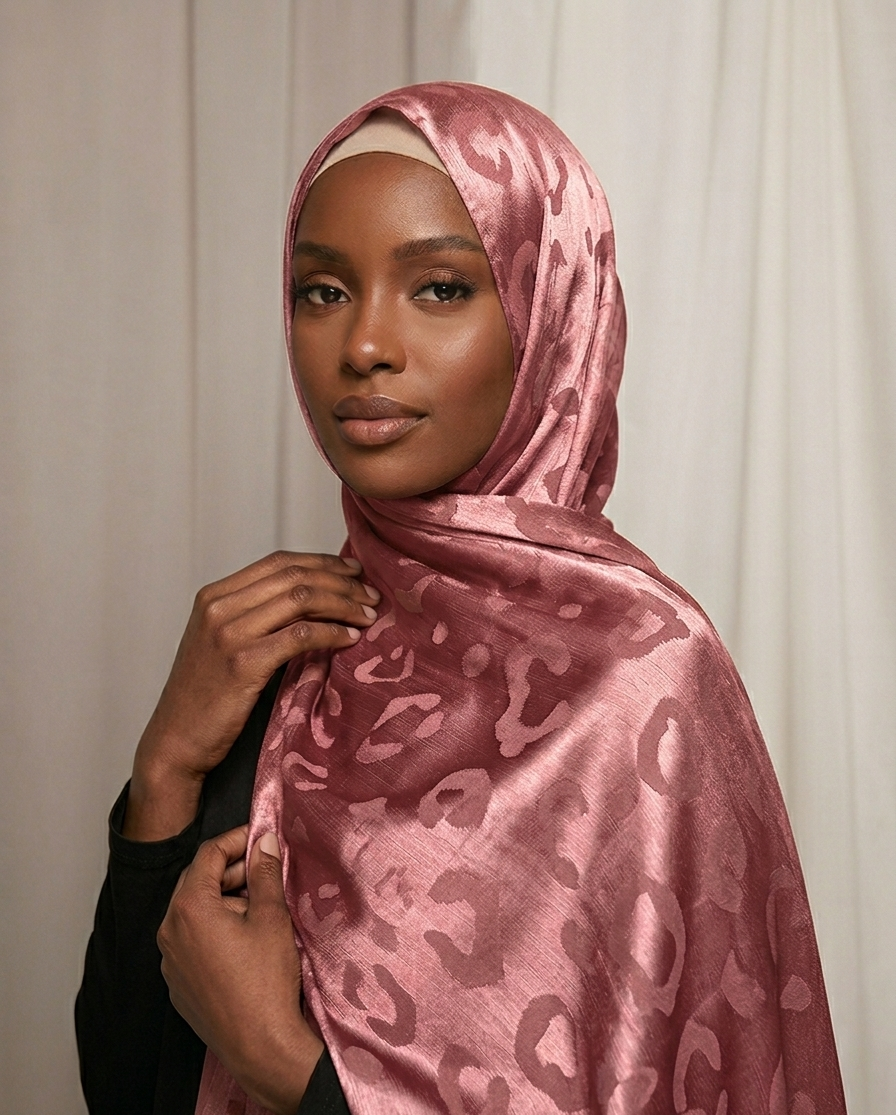 Hijab satinado Jacquard leopardo color rosa elegante efecto seda 