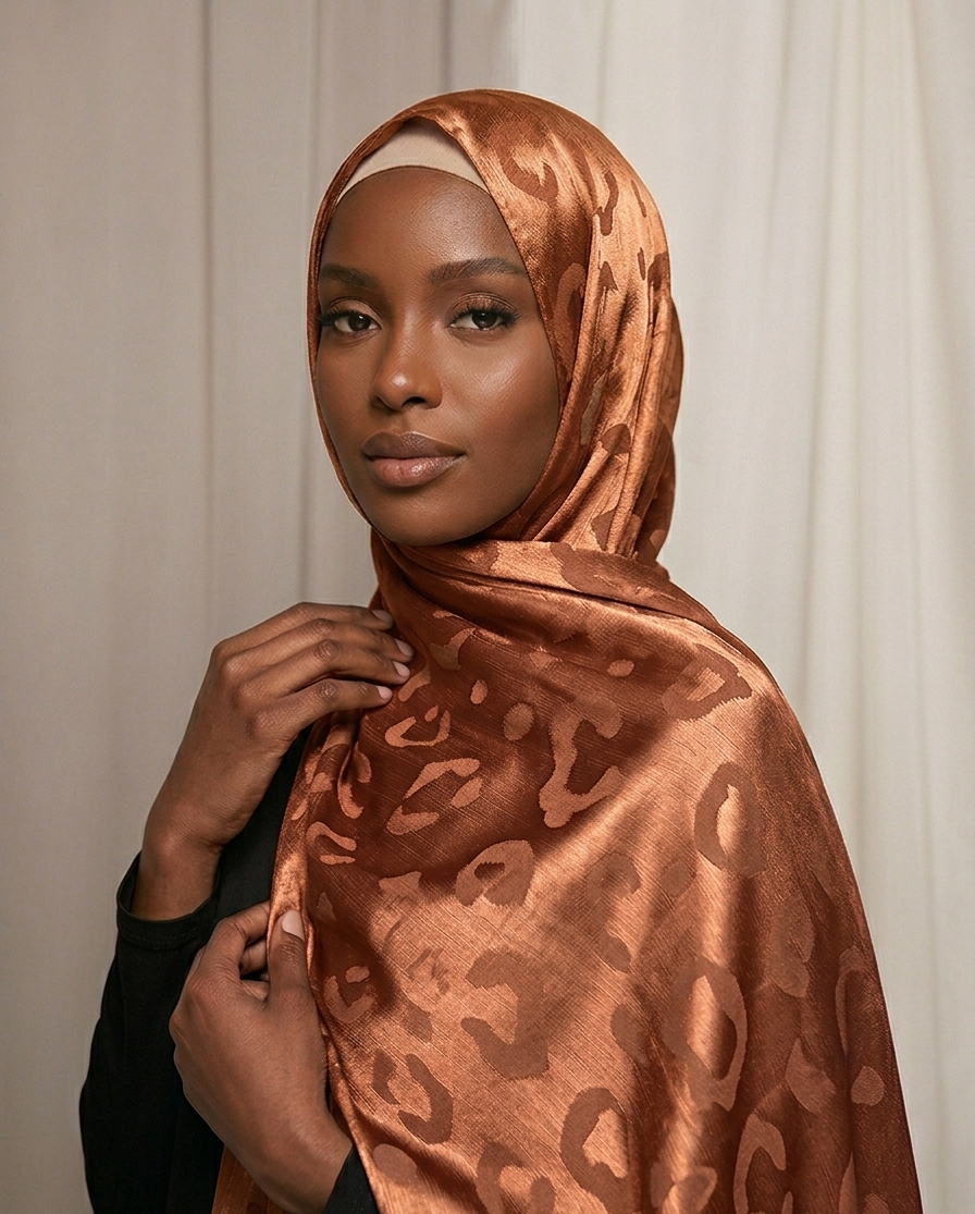 Hijab satinado Jacquard leopardo color cobre elegante efecto seda 