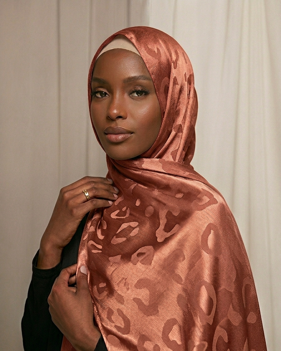 Hijab satinado Jacquard leopardo color coral elegante efecto seda 