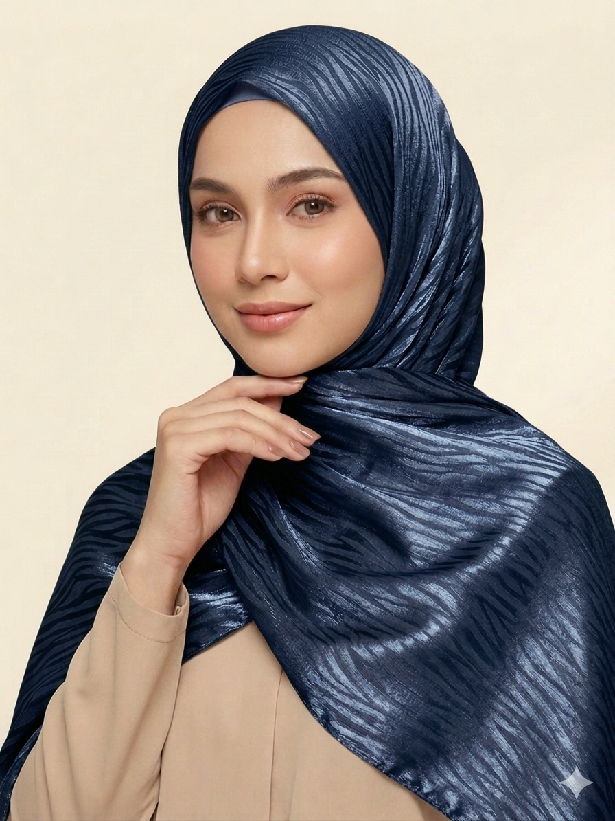 hijab satinado jacquard ondulado tono  azul marino sobre tono brillante