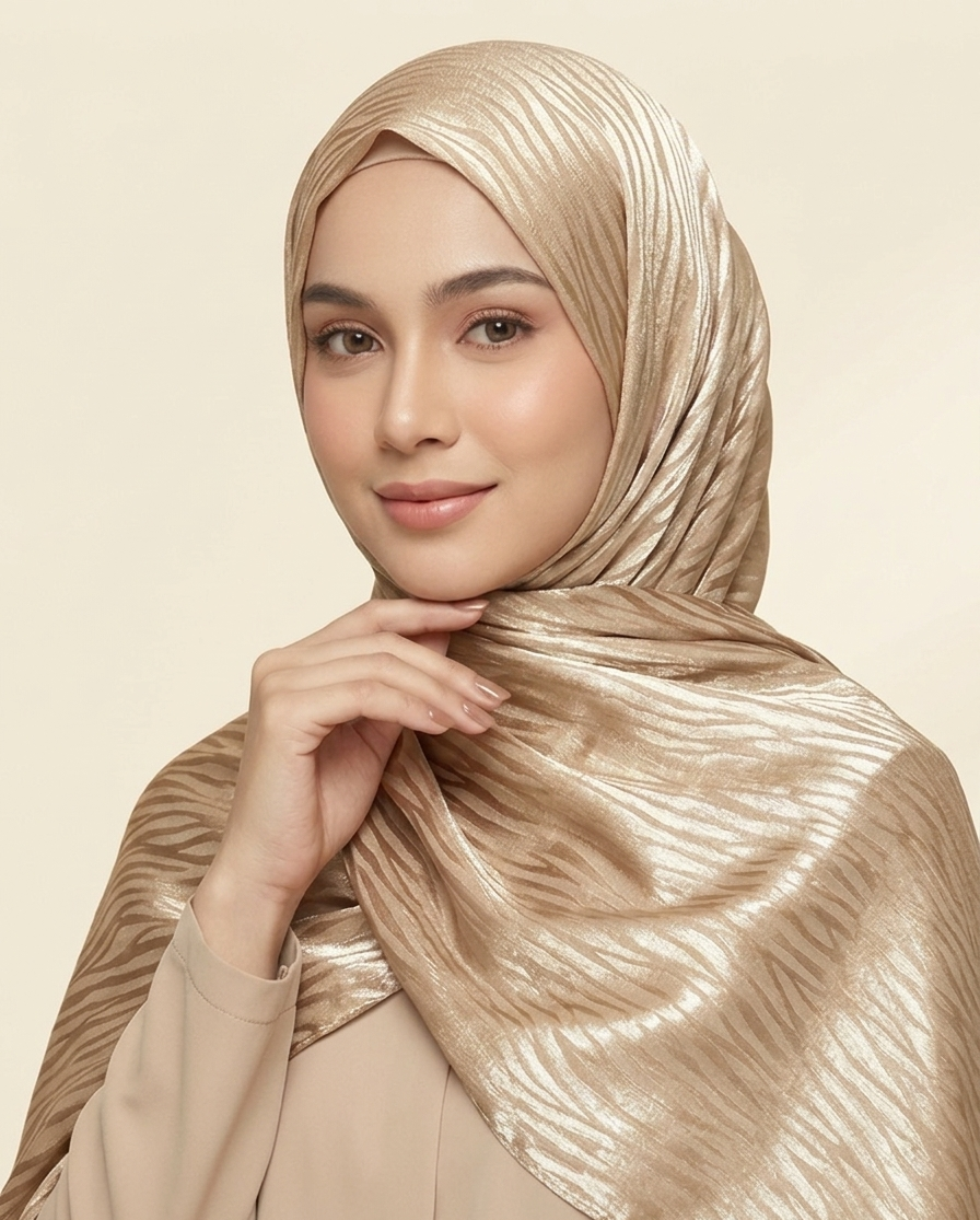 hijab satinado jacquard ondulado tono beige sobre tono brillante
