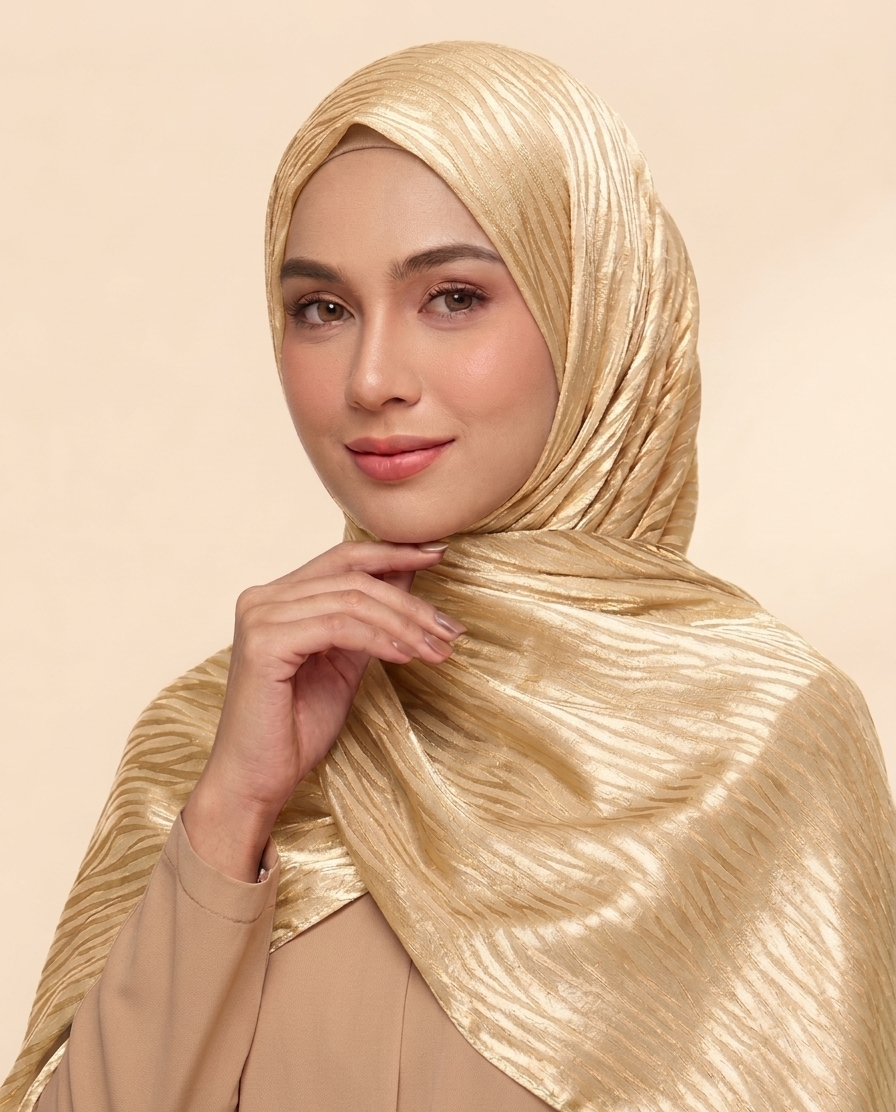 hijab satinado jacquard ondulado tono crema sobre tono brillante