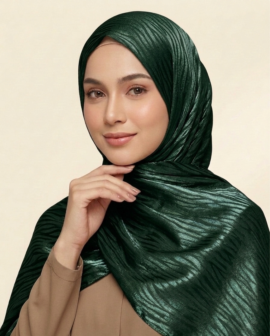 hijab satinado jacquard ondulado tono  verde oscuro sobre tono brillante