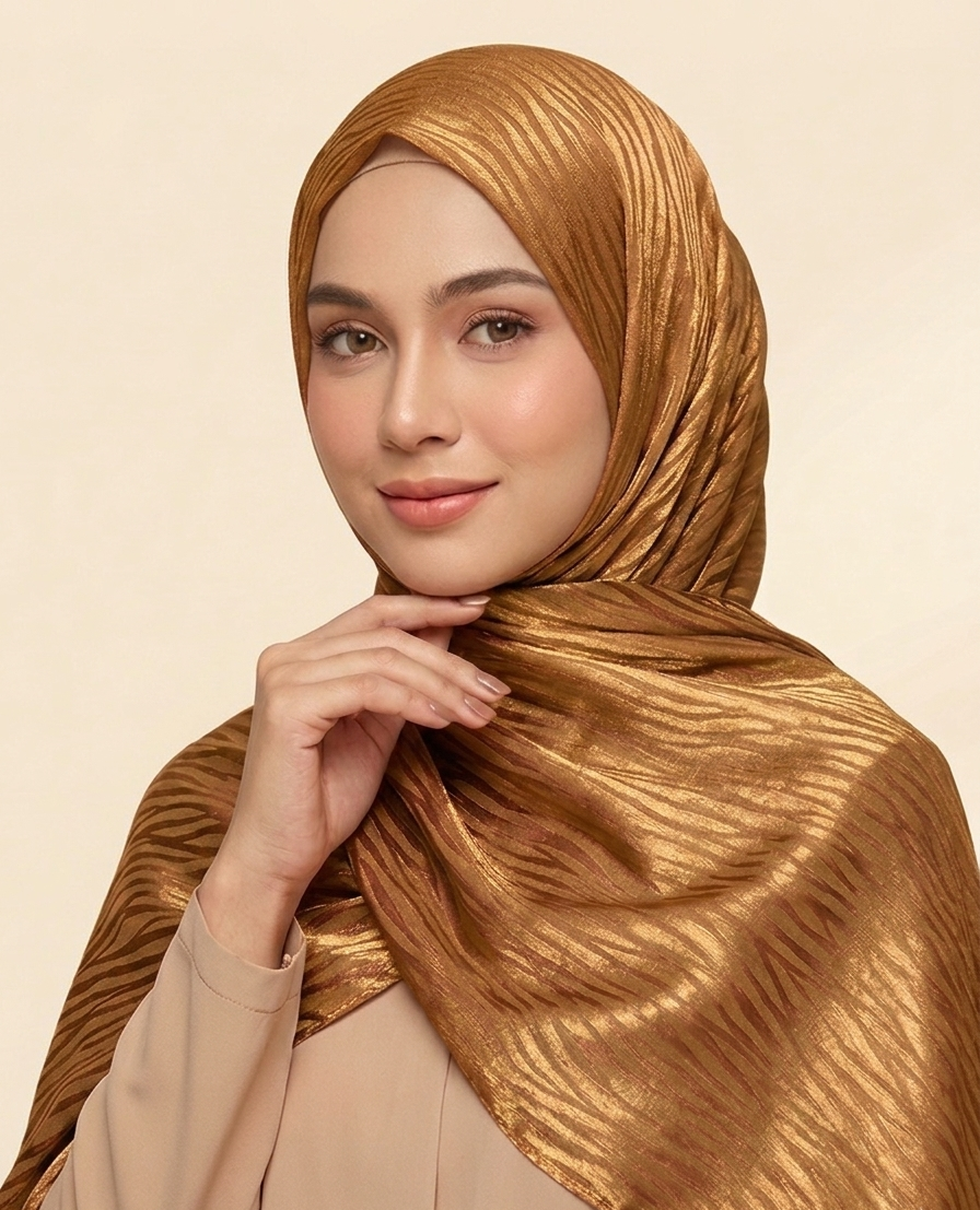 hijab satinado jacquard ondulado tono  dorado cobre sobre tono brillante