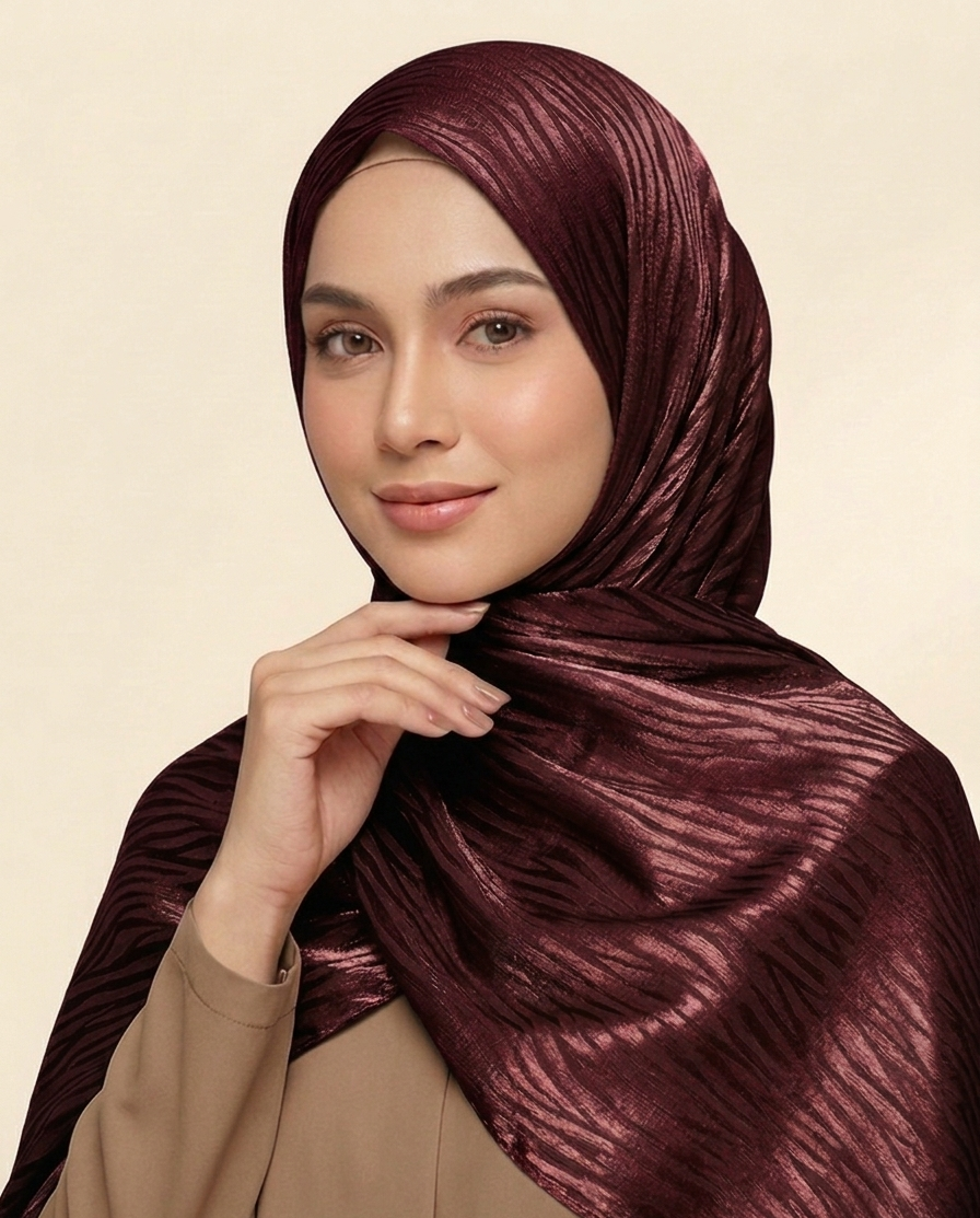 hijab satinado jacquard ondulado tono  granate sobre tono brillante