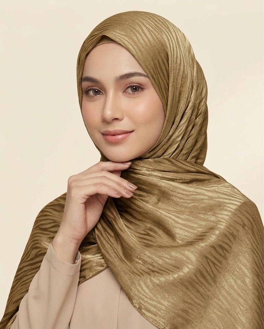 hijab satinado jacquard ondulado tono mostaza sobre tono brillante