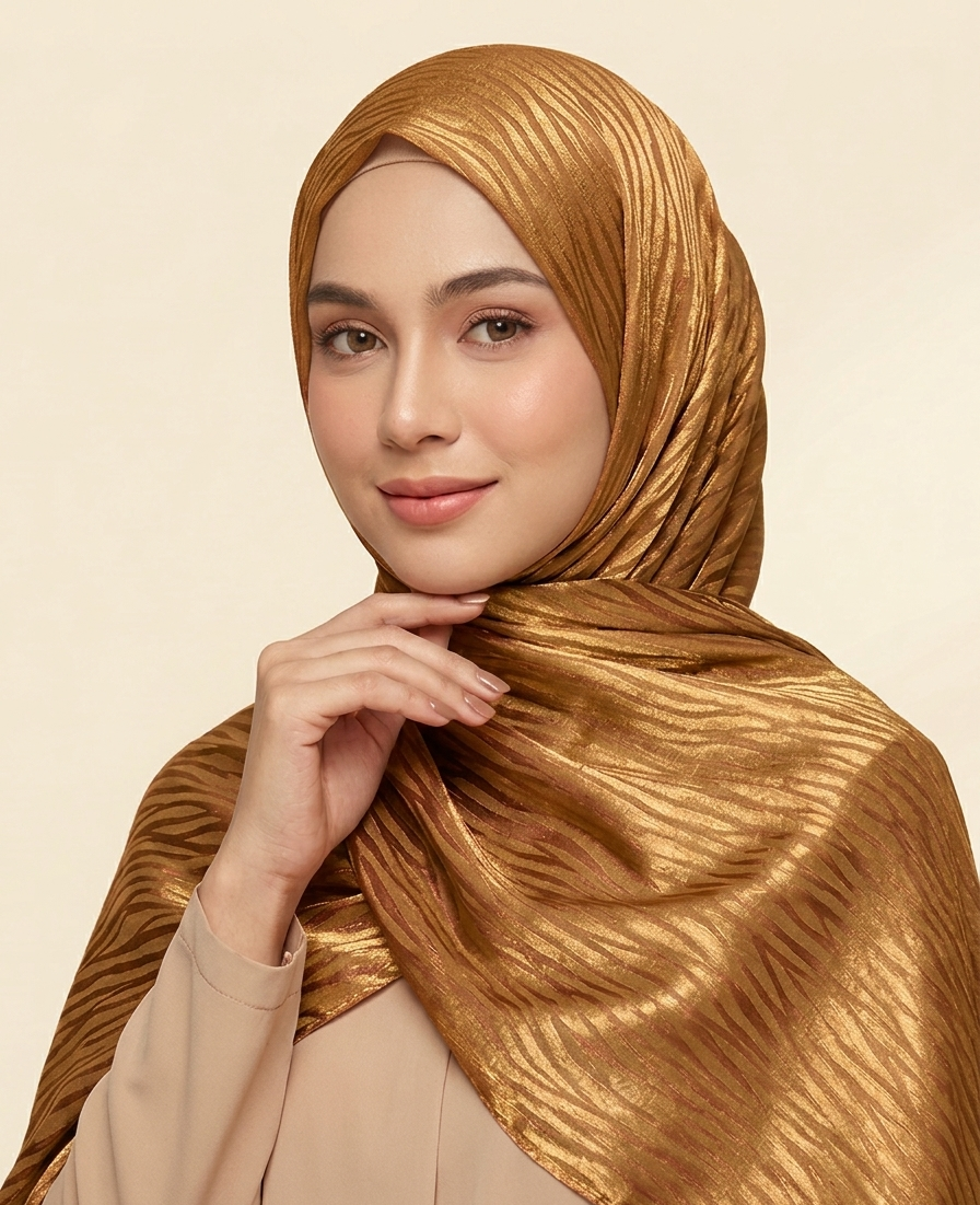 hijab satinado jacquard ondulado tono  naranja sobre tono brillante
