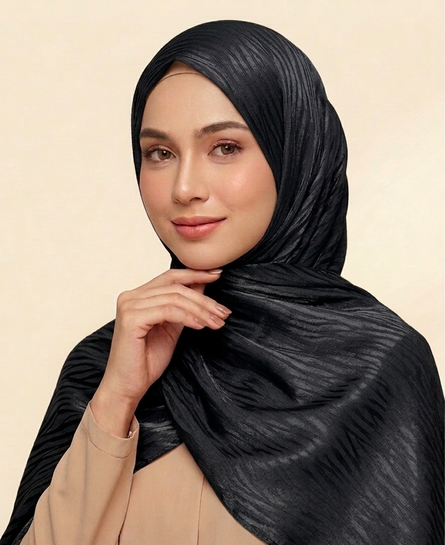 hijab satinado jacquard ondulado tono  negro sobre tono brillante