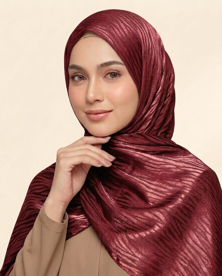 hijab satinado jacquard ondulado tono  rojo vino sobre tono brillante
