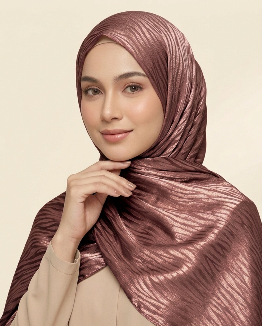 hijab satinado jacquard ondulado tono  rosa cobre sobre tono brillante