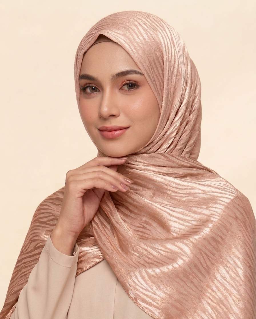 hijab satinado jacquard ondulado tono  rosa pálido sobre tono brillante