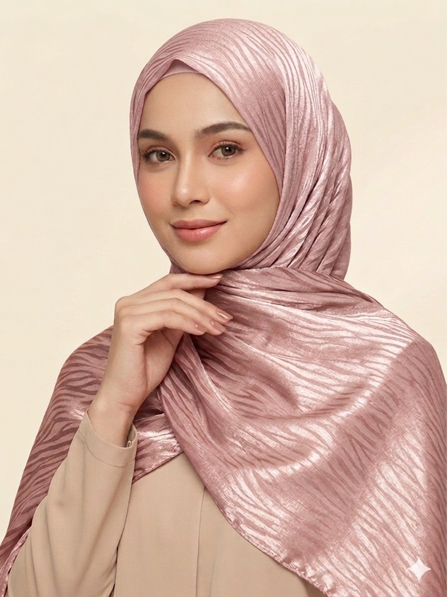 hijab satinado jacquard ondulado tono  rosa palo sobre tono brillante