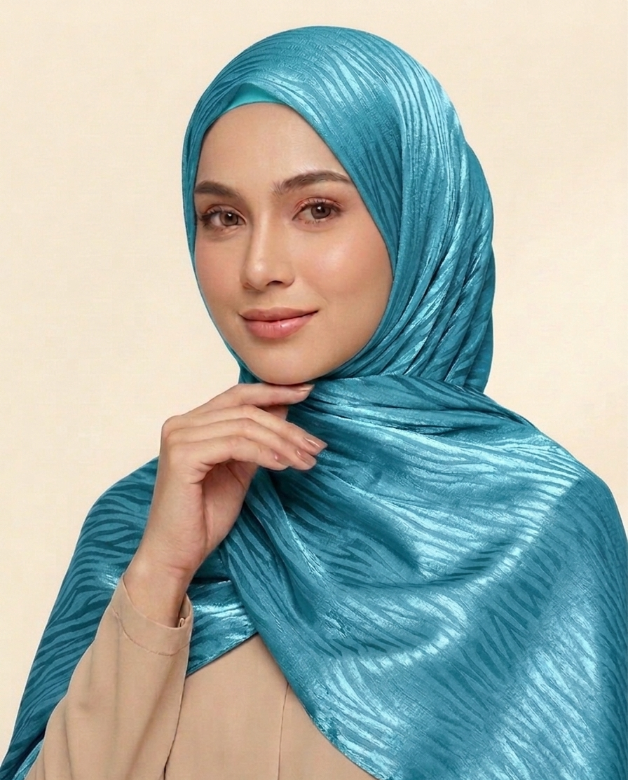 hijab satinado jacquard ondulado tono  turquesa sobre tono brillante