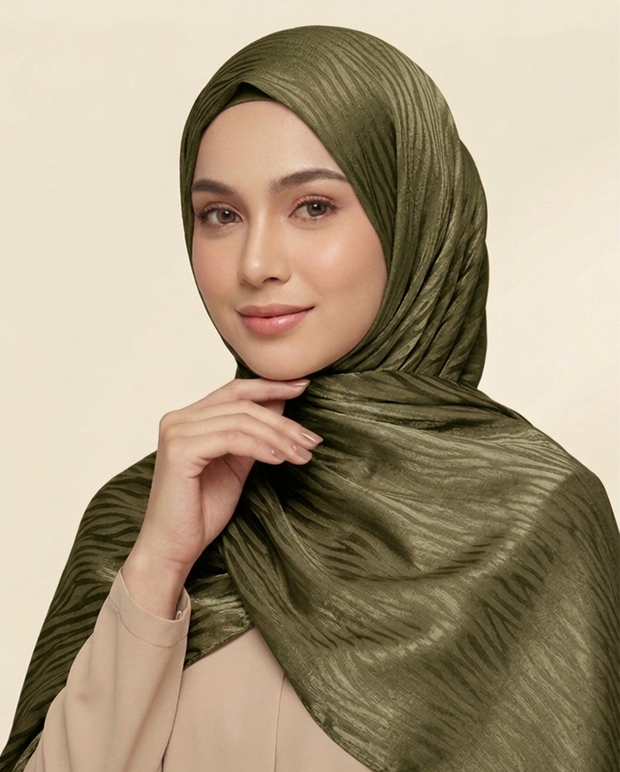 hijab satinado jacquard ondulado tono  verde sobre tono brillante