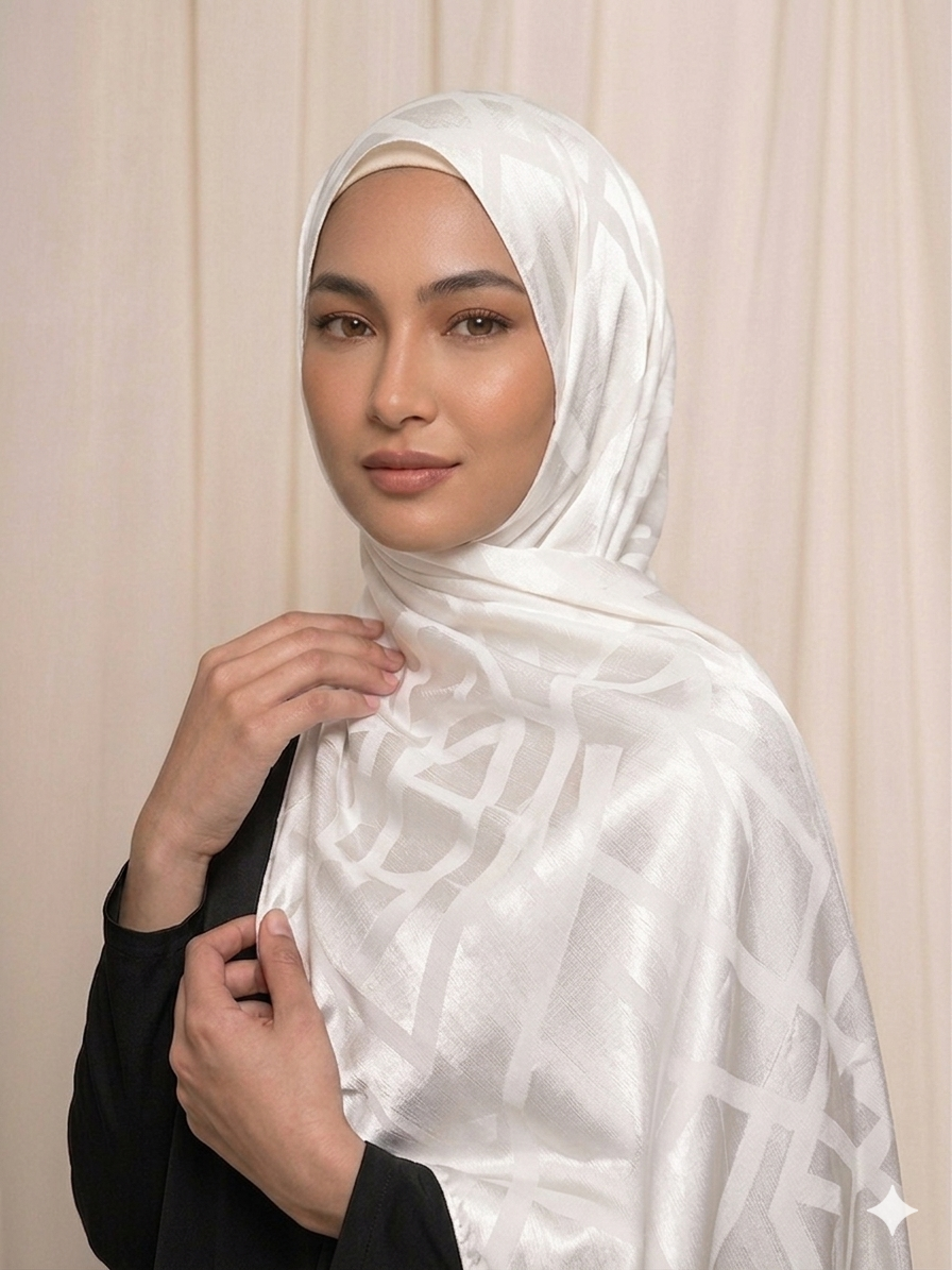 Hijab satinado blanco con diseño geométrico  elegante 