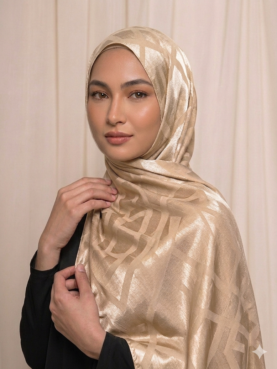 Hijab satinado crema con diseño geométrico  elegante 
