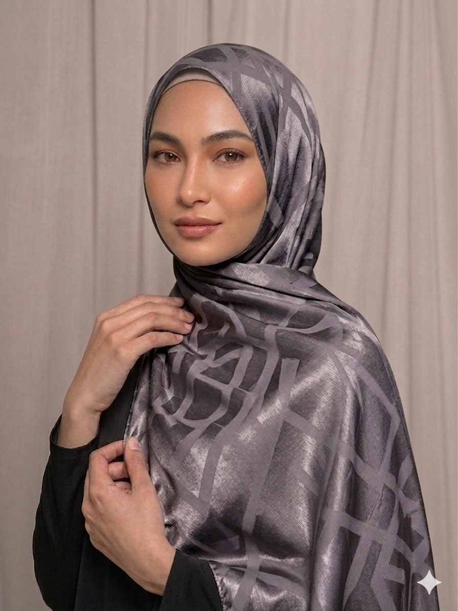 Hijab satinado gris con diseño geométrico  elegante 