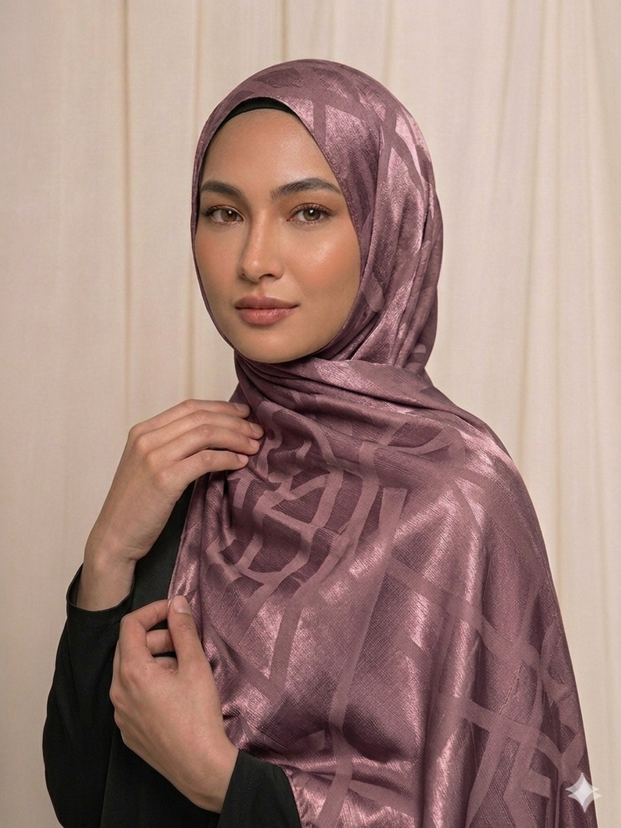 Hijab satinado lila con diseño geométrico  elegante 