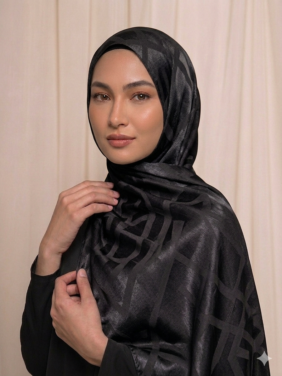 Hijab satinado negro con diseño geométrico  elegante 