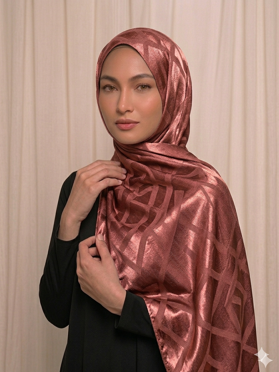 Hijab satinado rosa con diseño geométrico elegante 