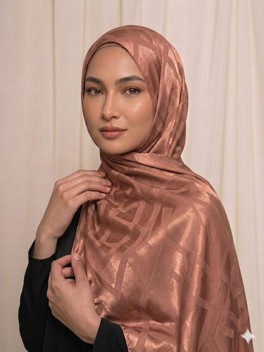 Hijab satinado rosa palo con diseño geométrico  elegante 