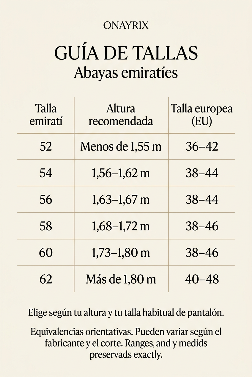 Guía de tallas de abayas emiratíes Onayrix